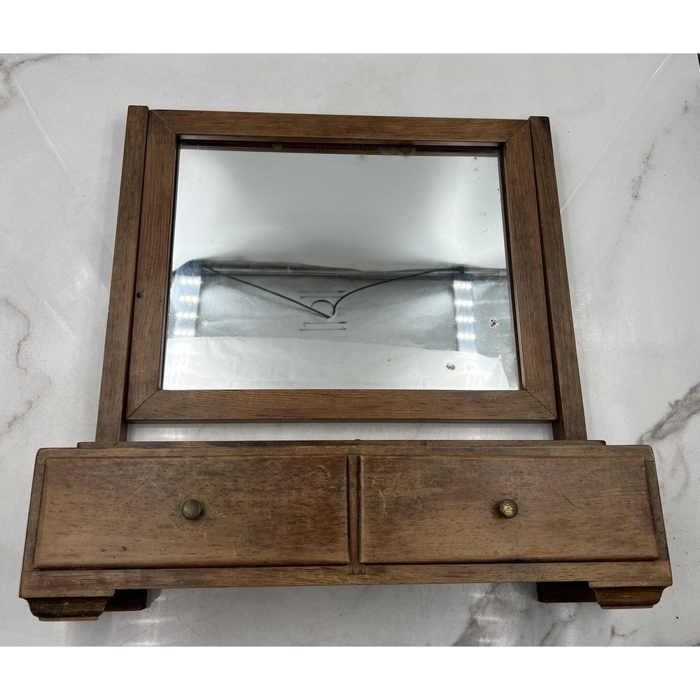 Antique Wood Shaving Mirror Tabletop Vanity Tilting Dresser Mirror 2 Drawers